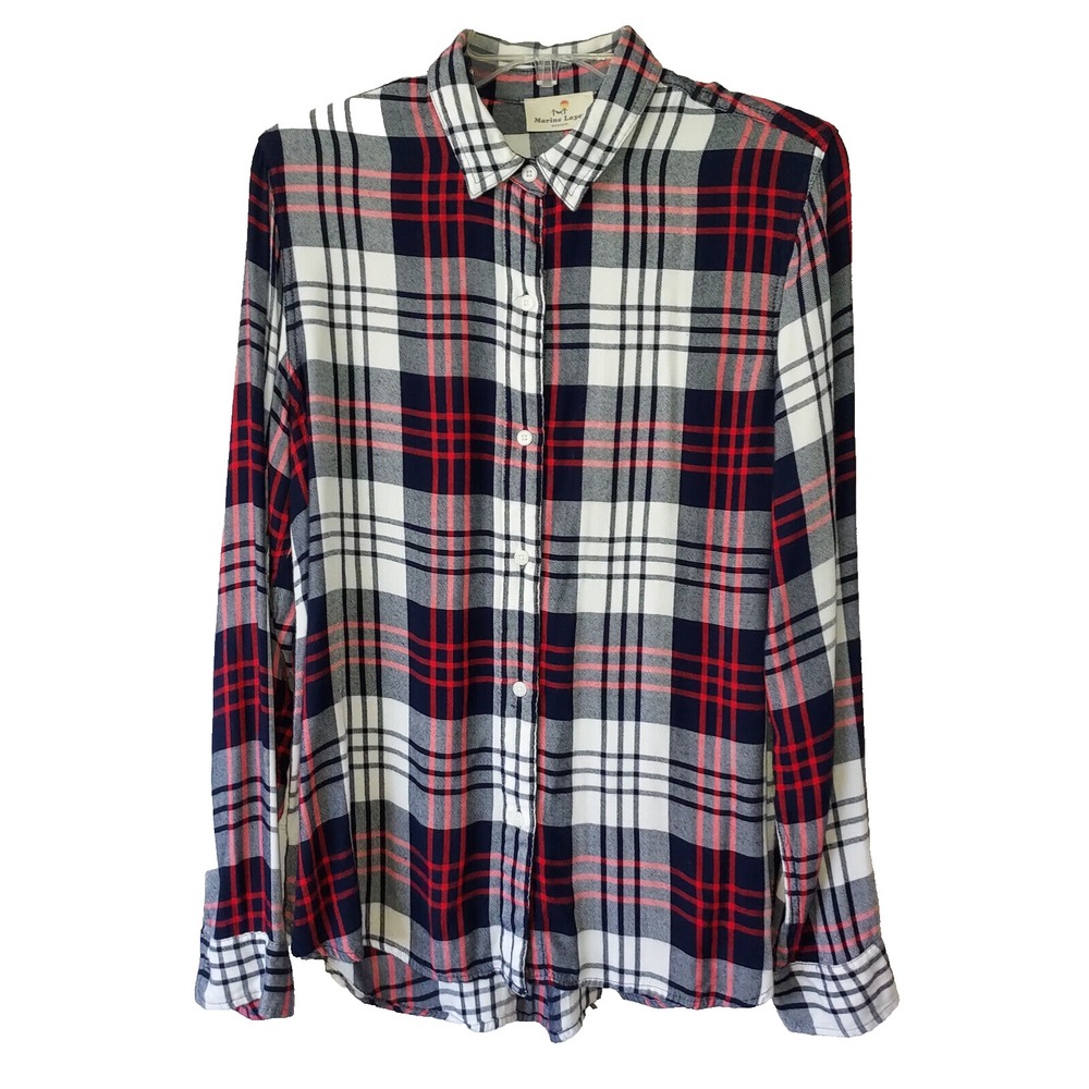MARINE LAYER Women's Medium Flannel Red White Black Plaid Long Sleeve Shirt